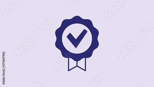 Blue Approved or certified medal and check mark icon isolated on purple background. 4K Video motion graphic animation