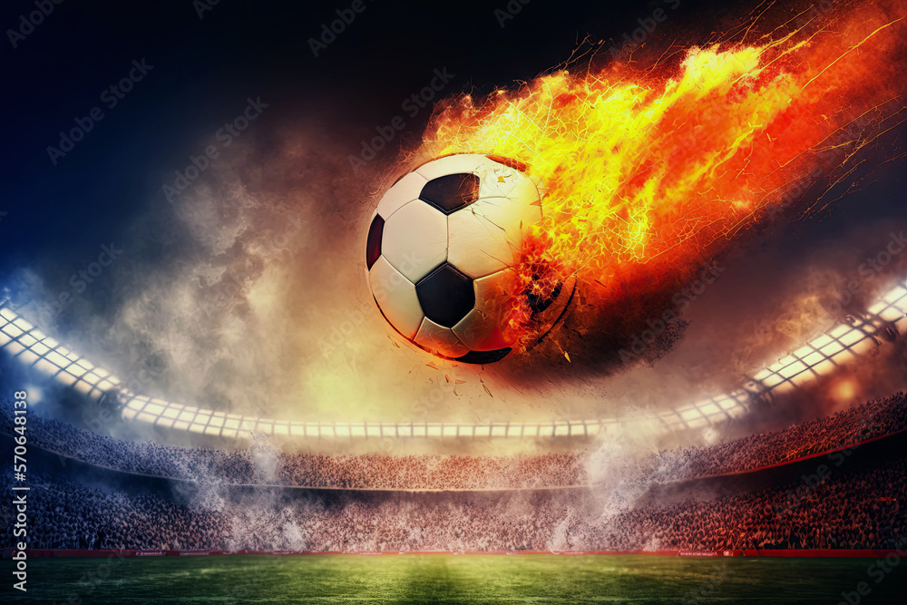 Fototapeta premium burning soccer ball on fire flying over a football stadium. Generative AI