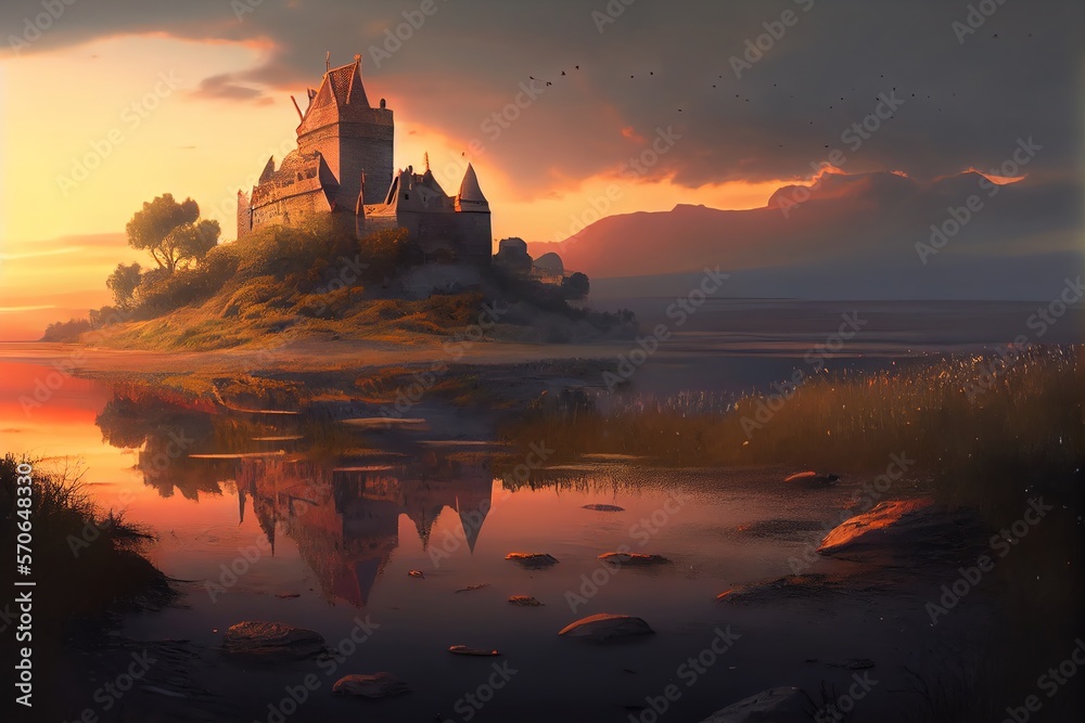 Castle by river at sunset, nice landscape in summer. Generative AI