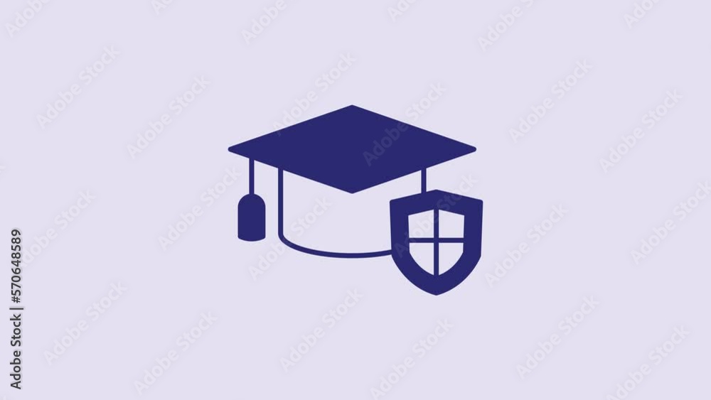 Blue Graduation cap with shield icon isolated on purple background. Insurance concept. Security, safety, protection, protect concept. 4K Video motion graphic animation Blue Graduation cap with shield icon isolated on purple background. Insurance concept. Security, safety, protection, protect concept. 4K Video motion graphic animation