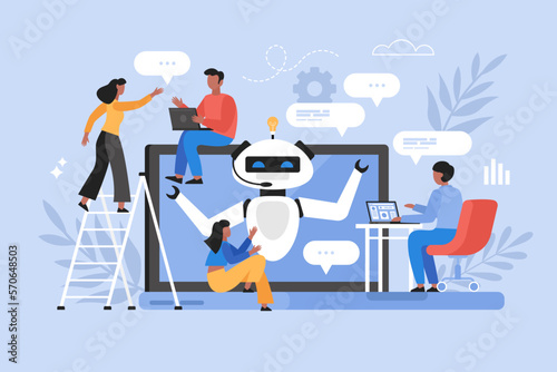 Artificial intelligence chat service business concept. Modern vector illustration of people using AI technology and talking to chatbot on website