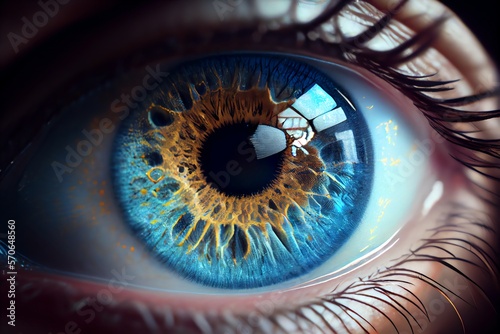 Human blue eye realistic beautiful closeup zoom. Generative AI