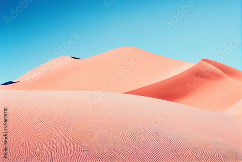 Light pink sand dunes contrast with a deep blue sky. Sky contrasts against a backdrop of sand dunes in the desert. Concisely abstract, minimal backdrop. Generative AI