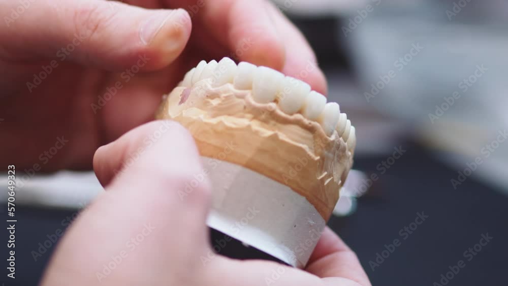 In clinic dentist hands setting dental tooth crown on jaw model working on dentures. Use instrument. Orthodontic. Implants In clinic dentist hands setting dental tooth crown on jaw model working on dentures. Use instrument. Orthodontic. Implants