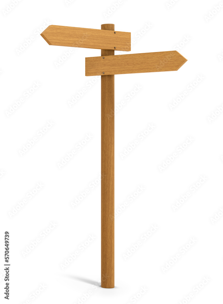 Wooden post with two direction indicators isolated on empty background. Choice between two paths. 3D Rendering Wooden post with two direction indicators isolated on empty background. Choice between two paths. 3D Rendering