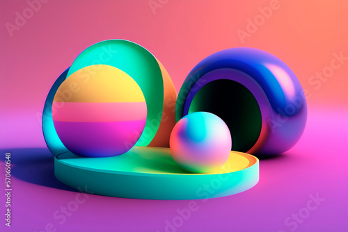 3d figures with abstract spheres and circles in pastel colors on a light background , AI generated illustration