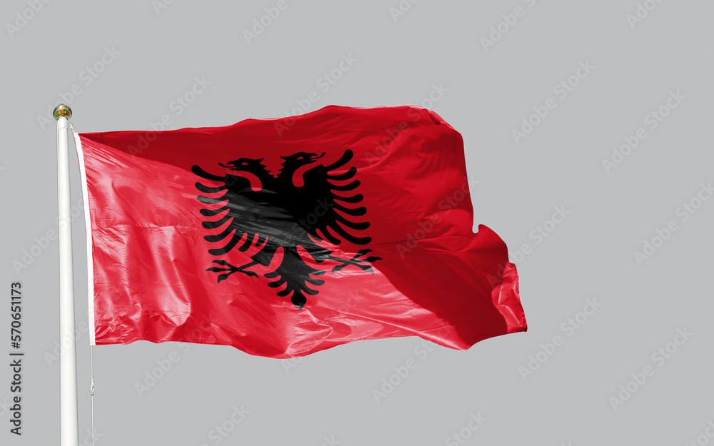 The flag of Albania (Albanian: Flamuri i Republikës së Shqipërisë) is a red  flag with a silhouetted black double-headed eagle in the center. 28  november flag day grey background Stock Photo