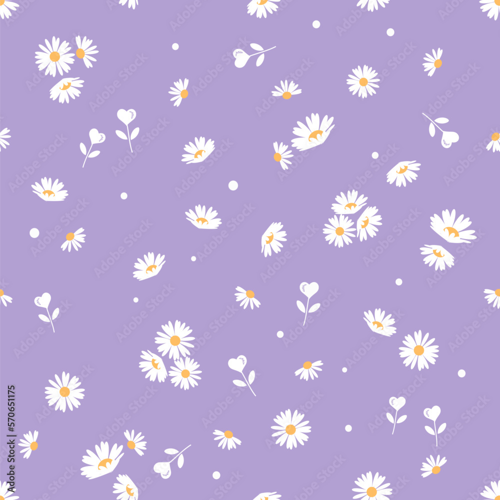 Seamless pattern with daisy flower and hand drawn hearts plant on purple background vector illustration. Seamless pattern with daisy flower and hand drawn hearts plant on purple background vector illustration.
