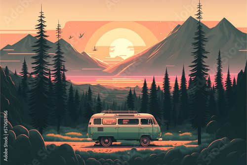 Camping Urlaub, camping in the woods, campsite with trailer and campfire, landscape in retro style, Generative AI