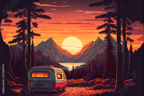 Camping Urlaub, camping in the woods, campsite with trailer and campfire, landscape in retro style, Generative AI