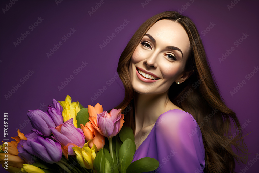 A good-looking woman holding a bouquet of tulips, smiling and excited. Ideal for Mother's Day, posters, flyers, skincare brand. generative ai A good-looking woman holding a bouquet of tulips, smiling and excited. Ideal for Mother's Day, posters, flyers, skincare brand. generative ai