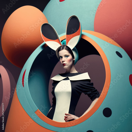 portrait of women 60th style with rabbit ears made with Generative AI