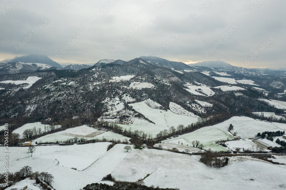Aerial view of mountains in Marche region in Italy
