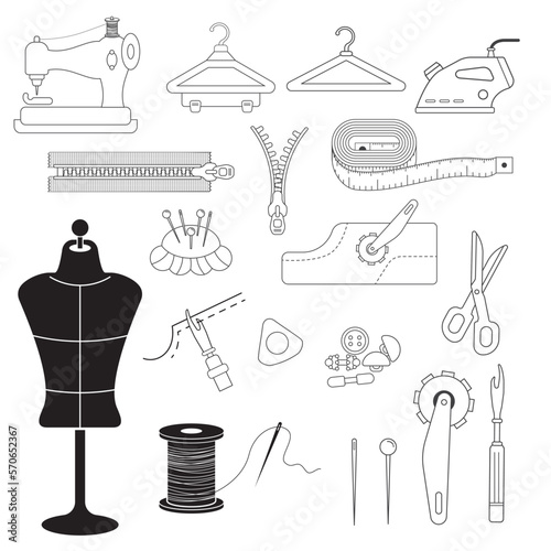 outline icon Sewing equipment. hand made Crafts. Fashion design concept. Vector line icon needlework accessories. thin line. vector ,illustration