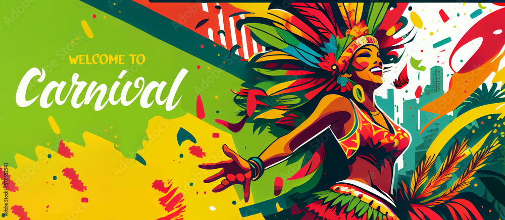 Naklejka premium Brazil Carnival Latin Woman Wear Bright Costume Traditional Rio Party Flat Bright Illustration with Place for Text. Banner, Flyer or Poster Template. Generative Ai.