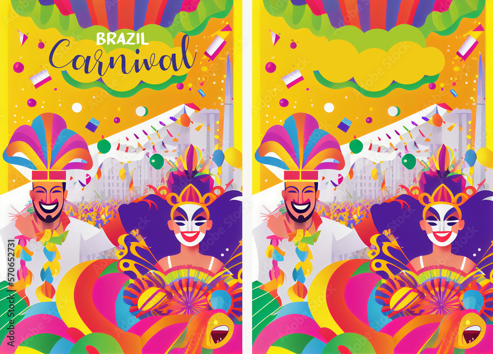 Brazil Carnival Latin Woman and Man Wear Bright Costume Traditional Rio Party Flat Bright Illustration with Place for Text. Banner, Flyer or Poster Template. Generative Ai.