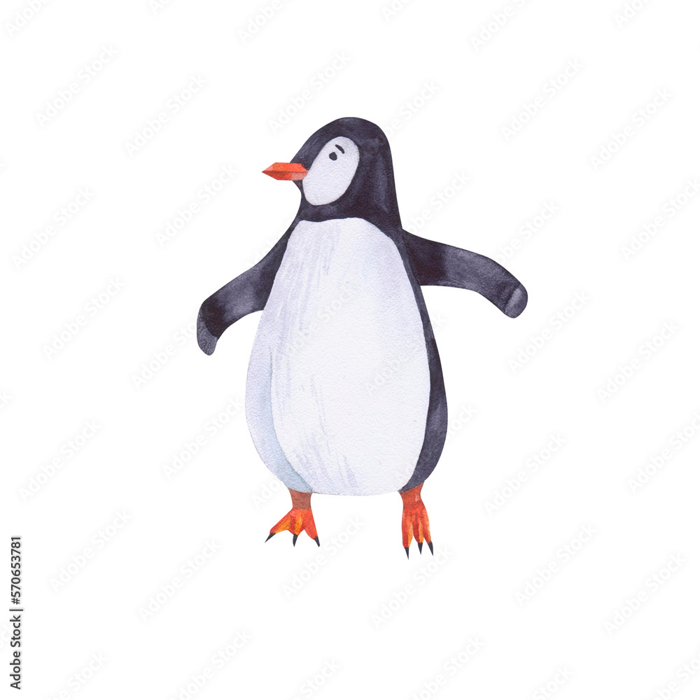 Fototapeta premium Penguin watercolor illustration isolated on white background. Northern sea element. Hand and drawn clipart for stickers, baby shower, cards, clothes, fabrics.