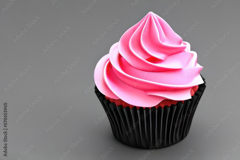 Pink cupcake on a gray background. AI generative. Pink cupcake on a gray background. AI generative.