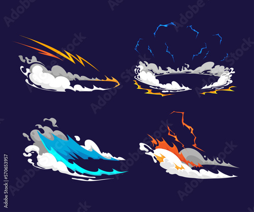 Comics boom set, game bomb explosion effects, smoke and fume clouds. Fire blast elements. Cartoon art vector illustration. 