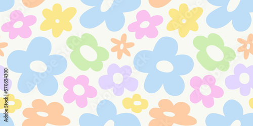 Trendy floral seamless pattern illustration. Vintage 70s style hippie flower background design. Colorful pastel color groovy artwork, y2k nature backdrop with daisy flowers.