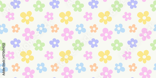Trendy floral seamless pattern illustration. Vintage 70s style hippie flower background design. Colorful pastel color groovy artwork, y2k nature backdrop with daisy flowers.