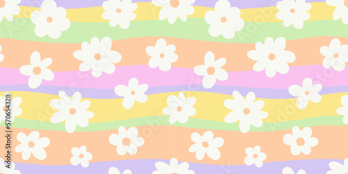 Trendy floral seamless pattern illustration. Vintage 70s style hippie flower background design. Colorful pastel color groovy artwork, y2k nature backdrop with daisy flowers.