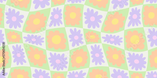 Trendy floral seamless pattern illustration. Vintage 70s style hippie flower background design. Colorful pastel color groovy artwork, y2k nature backdrop with daisy flowers.