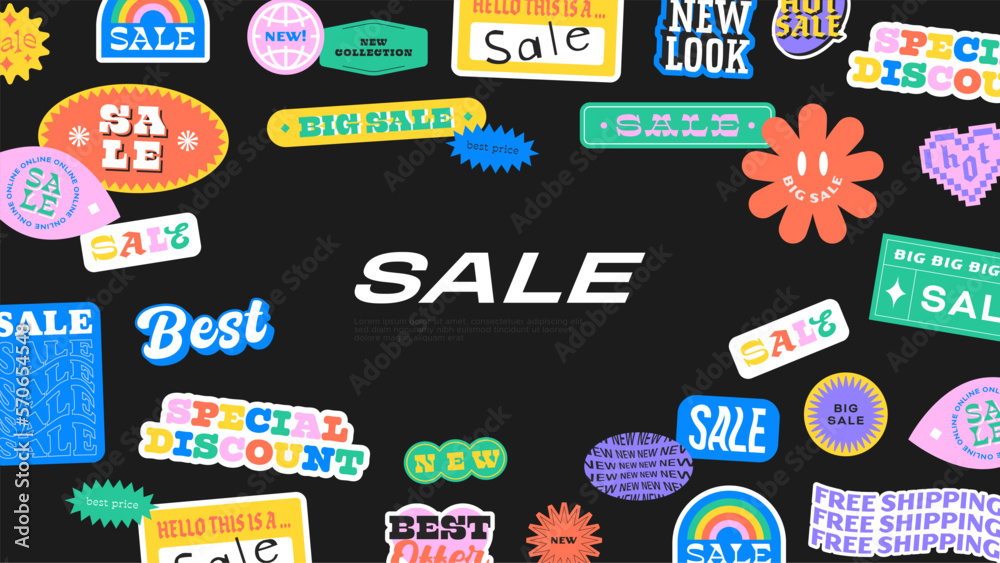 Web sale background template for trendy business discount. Retro 90s label sticker for store discount, online promotion or social media post. Fun y2k style graphic element landing page.