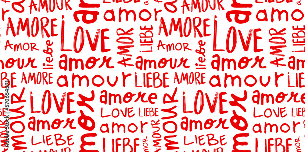 Red love text quote seamless pattern illustration in different languages. Cute romantic background wallpaper print. Valentine's day handwritten texture with spanish, french, italian and german. Red love text quote seamless pattern illustration in different languages. Cute romantic background wallpaper print. Valentine's day handwritten texture with spanish, french, italian and german.