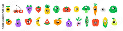 Set of trendy happy food sticker in vintage cartoon style. Retro cooking ingredient, vegetarian character label illustration collection on isolated background. Funny vegetable and fruit mascot bundle.