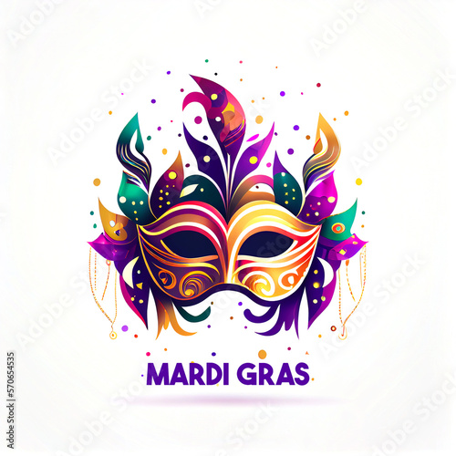 Mardi gras. Mask with feathers  festival bright colours. Icon  clipart for website  holiday  travel  festival application. Mardi gras party invitation. Flat illustration  cartoon style. Generative Ai.