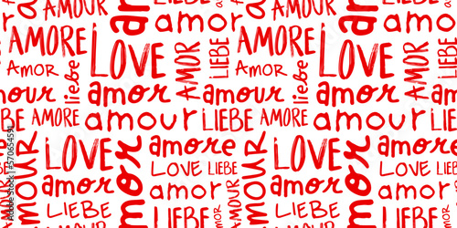 Red love text quote seamless pattern illustration in different languages. Cute romantic background wallpaper print. Valentine's day handwritten texture with spanish, french, italian and german. photo