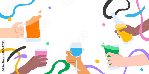 Friends party event illustration of friend group drinking alcohol or juice drink together. Diverse people hands holding glass for friendship celebration concept.