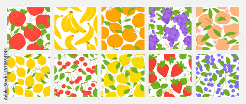 Set of tropical summer fruit tree seamless pattern illustration. Realistic flat cartoon background collection includes pear, orange, apple and peach fruits design. Natural food wallpaper print bundle.