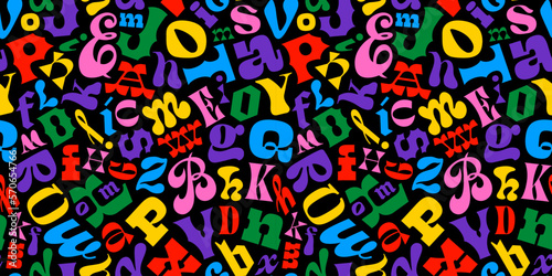 Colorful retro typography letter seamless pattern in abstract art style. Trendy funky symbol lettering text background illustration. English education wallpaper print, grammar alphabet texture.