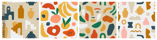 Abstract seamless pattern bundle with natural shapes, random freehand matisse wallpaper collection. Trendy fashion background includes modern minimalist art, tropical fruit and exotic summer doodles. 