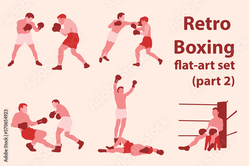 60s retro, body, boxing, boxing gloves, clinch, corner, fall, fight, fighting stance, flat art, flat people, glove, health, hook, illustration, jab, knockdown, knockout, male, man, referee, sport