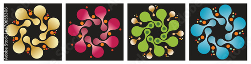 Abstract metaballs swirl design in yellow red green blue blue pattern on black background. Vector illustration.