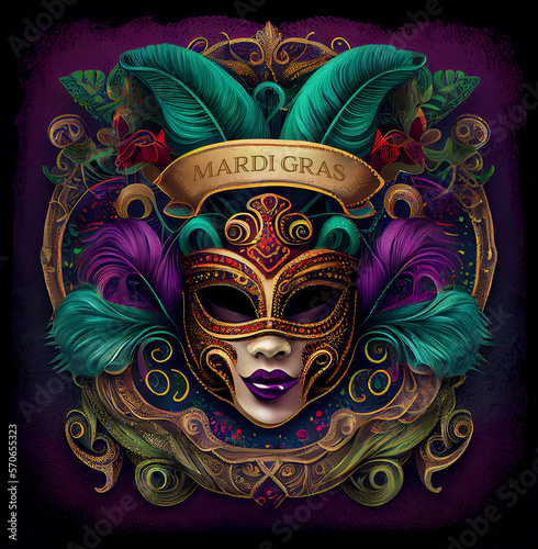 Mardi Gras mask, colorful poster, template, flyer. Art illustration. Women in carnival mask with feathers . Generative Ai.
