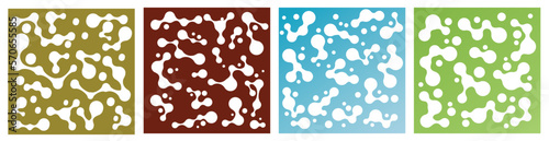Set of abstract white pattern metaballs design in yellow red green blue gradient background. Vector illustration.