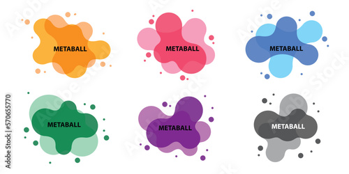 Set of 6 colours yellow red blue green purple grey metaball pattern with dotted texture on white background. Vector illustration. 