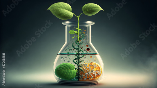 biotechnology concept - glass flask with vegetable sprout inside, neural network generated art. Digitally generated image. Not based on any actual person, scene or pattern. photo