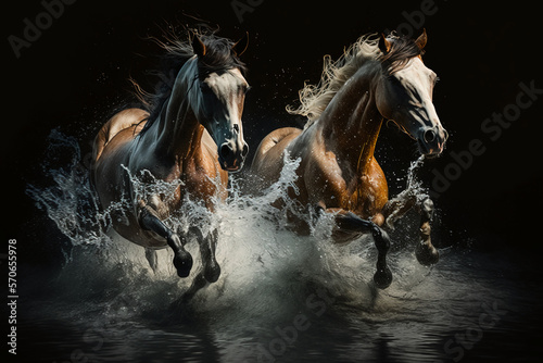 Galloping horses jumping over the camera in a river Generative AI