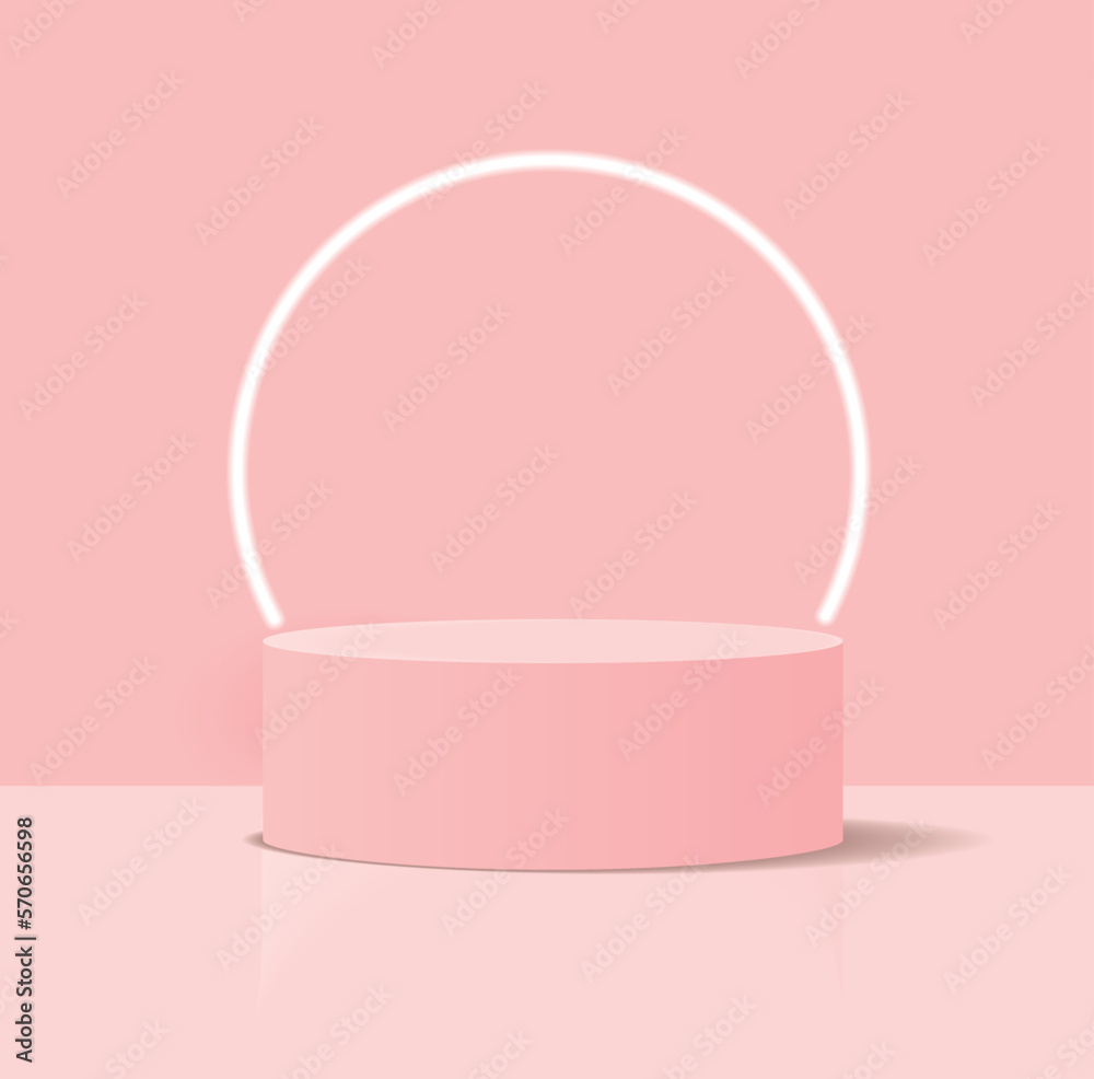Minimalist 3D Pastel Pink Vector Composition with a Low Cylindrical Podium and a Neon Circle in the Background, ideal for Product Presentation. Simple Geometric Mokup Product Display. Round Stage. - obrazy, fototapety, plakaty 