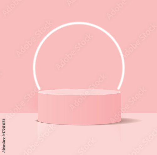 Minimalist 3D Pastel Pink Vector Composition with a Low Cylindrical Podium and a Neon Circle in the Background, ideal for Product Presentation. Simple Geometric Mokup Product Display. Round Stage.