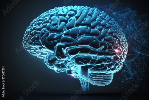 Glowing human brain with technology symbols around it.