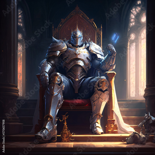 a knight king with gold and silver full armor and helmet sitting on a throne in the style of a fantasy dungeons and dragons character