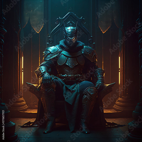 a dark knight with a black full armor and helmet sitting on a throne in the style of a fantasy dungeons and dragons character