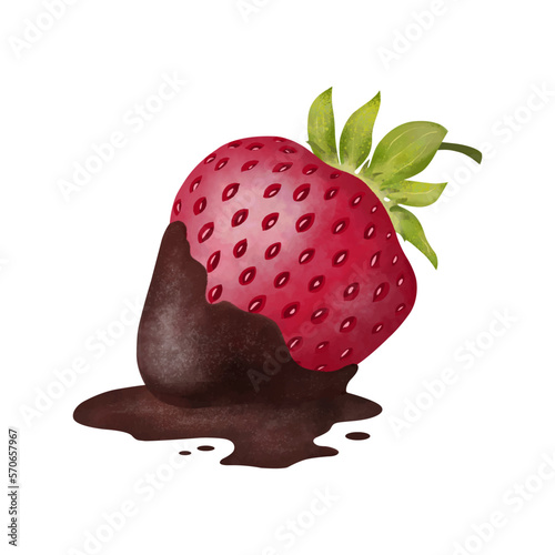 Strawberry dipped into liquid chocolate in watercolor. Closeup red ripe berry in dip cocoa sauce, flowed melted chocolate with drops. Vector illustration isolated on a white background.