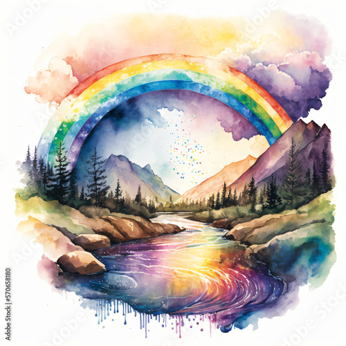 a beautiful rainbow crossing a river in the forest watercolor painting isolated on a white background Generative Ai